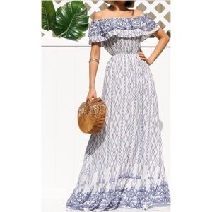 Carla Maxi Dress/Off Shoulder GEO-Print-White/BLUE